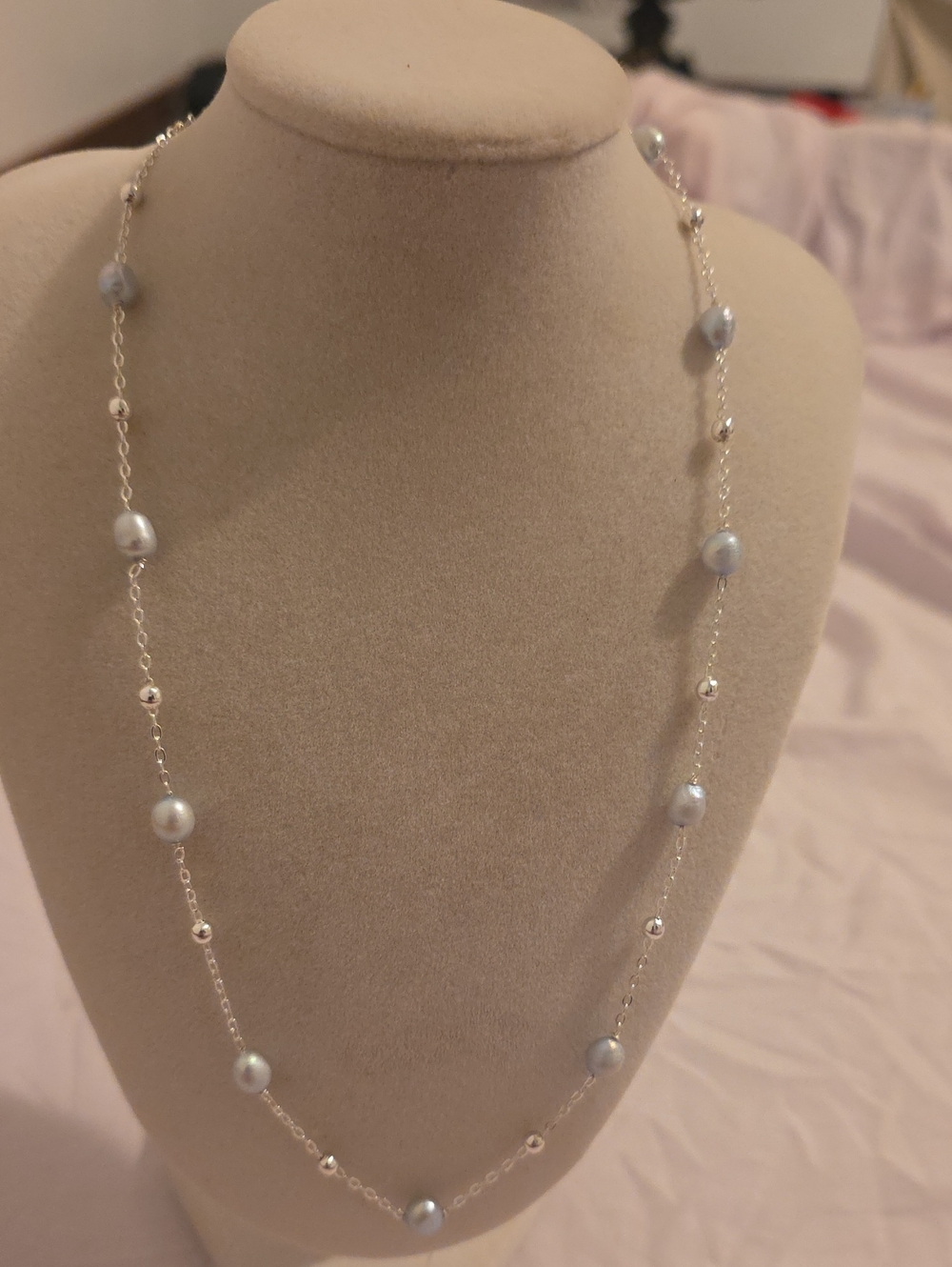 Delicate Silver Chain Necklace with Light Blue Pearls